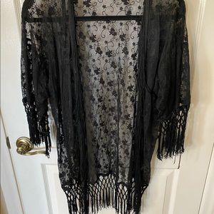 Black Floral Lace Fringe Kimono | Size Medium